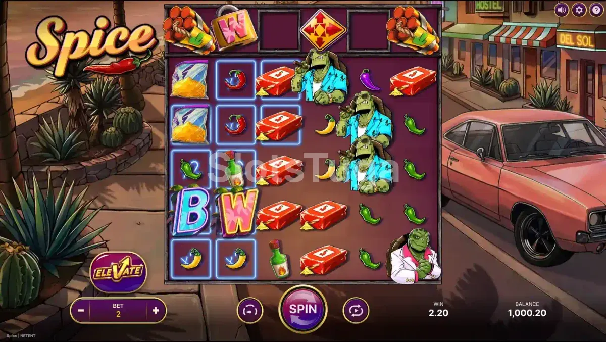 Jogo base da slot Spice com grid 6x6 e tartarugas bandidas