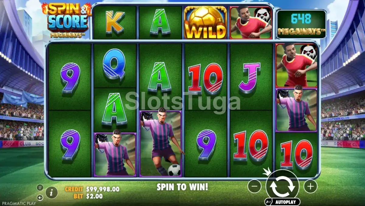 Tela principal do jogo Spin & Score Megaways com o estádio ao fundo