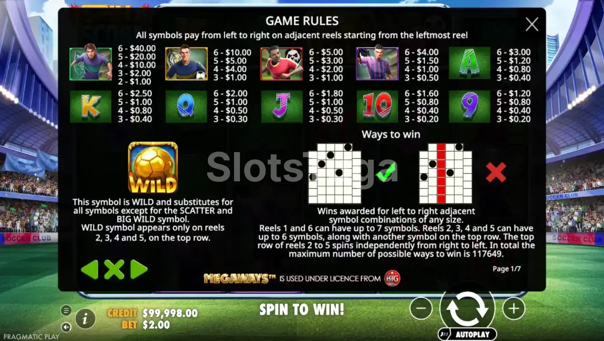 Tabela de pagamentos da Spin & Score Megaways mostrando símbolos e prêmios