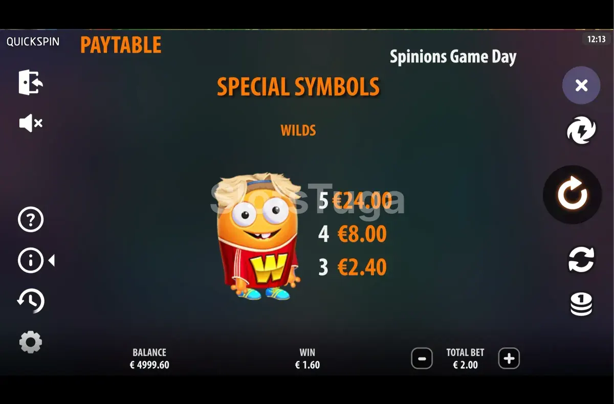 Tabela de pagamentos da Spinions Game Day mostrando símbolos e valores