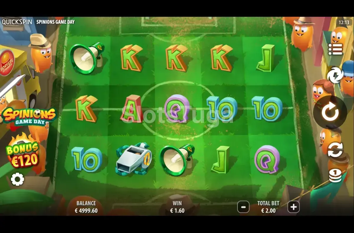 Jogo base da slot Spinions Game Day com os personagens no campo de futebol