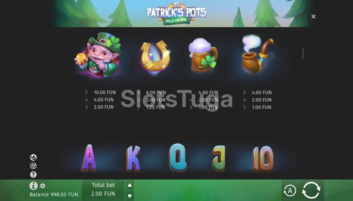 Tabela de pagamentos de St. Patricks Pots com valores dos símbolos