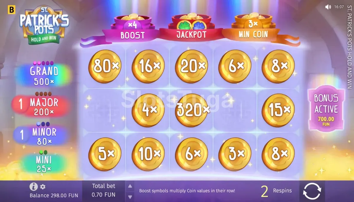 Ronda de Hold & Win em St. Patricks Pots com moedas bloqueadas na grelha