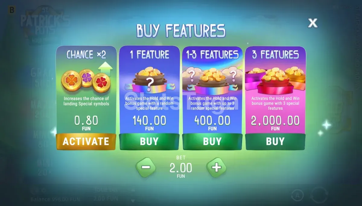 Ecrã de Bonus Buy de St. Patricks Pots com opções de compra directa