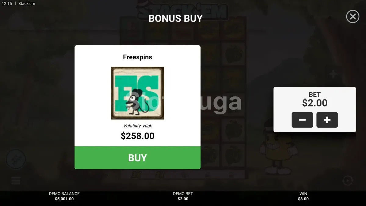 Tela de compra de bônus da Stack 'Em por 129x a aposta