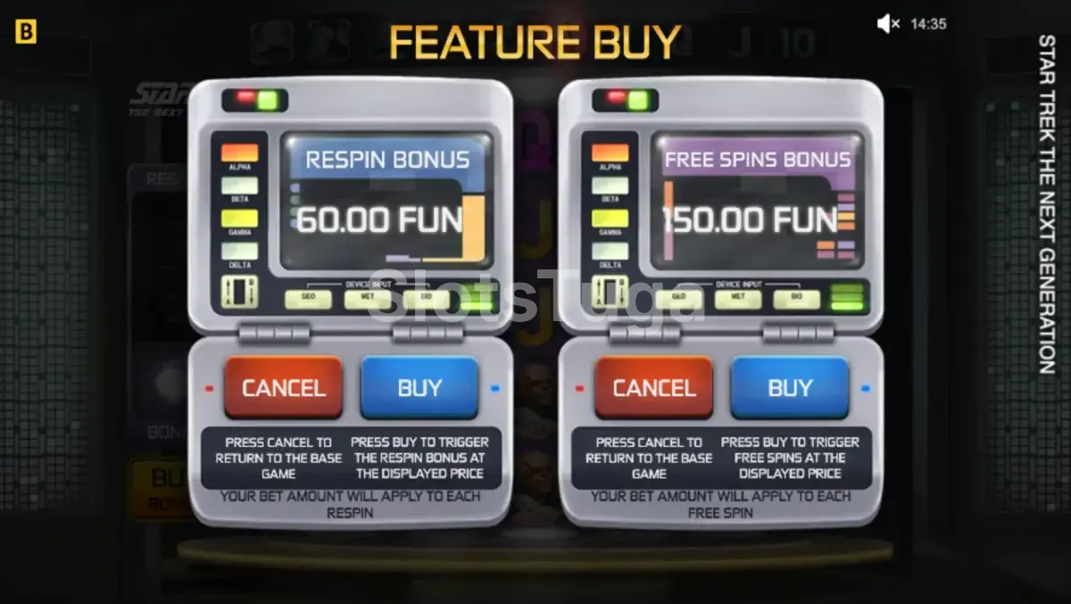 Interface de compra de bônus do Star Trek The Next Generation com opções disponíveis