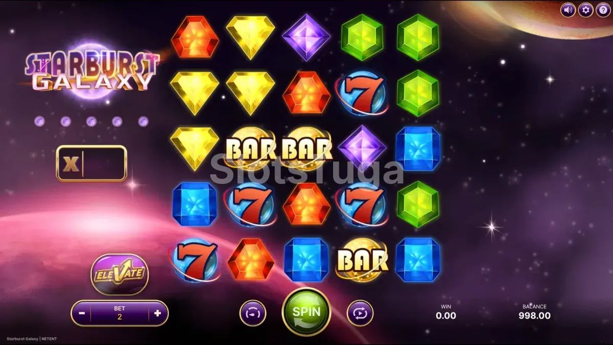 Jogo base do Starburst Galaxy com grade 5x5 e símbolos de gemas coloridas
