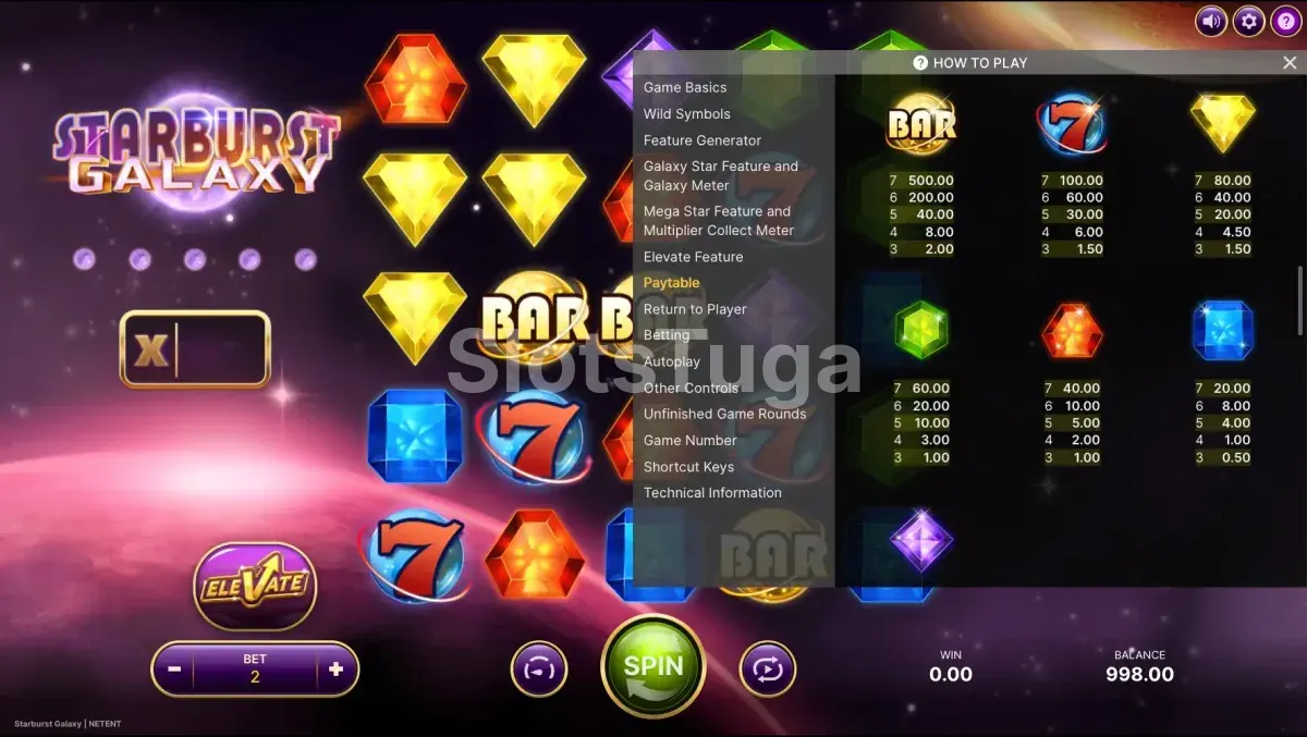 Tabela de pagamentos do Starburst Galaxy mostrando valores de cada símbolo