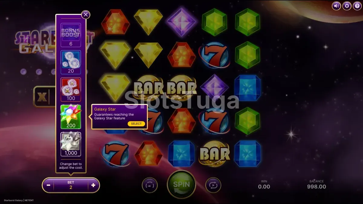 Tela de Bonus Buy do Starburst Galaxy com as opções da função Elevate
