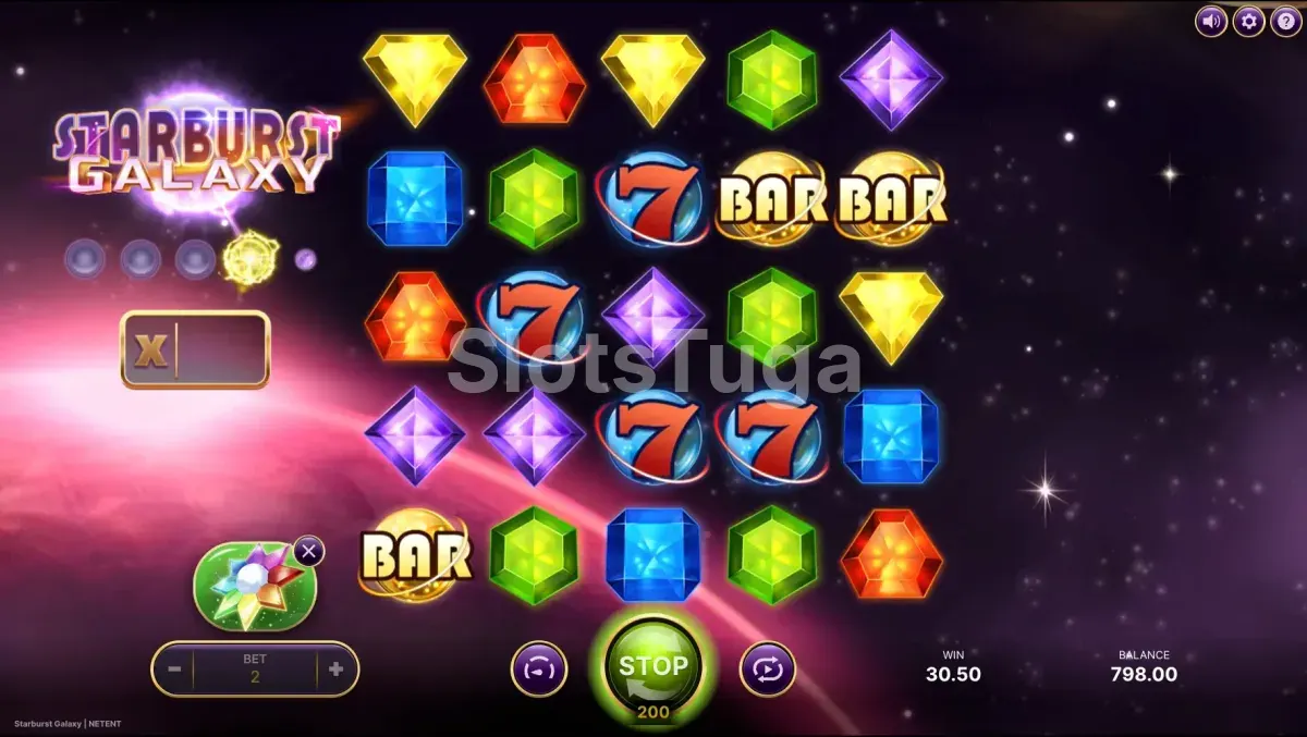 Free spins do Starburst Galaxy com grade expandida 7x7 e wilds espalhados