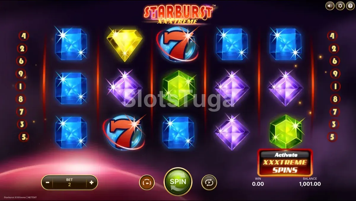 As cinco colunas de Starburst XXXtreme com as nove linhas de pagamento numeradas de cada lado e o botão de activação das XXXtreme Spins em baixo à direita.
