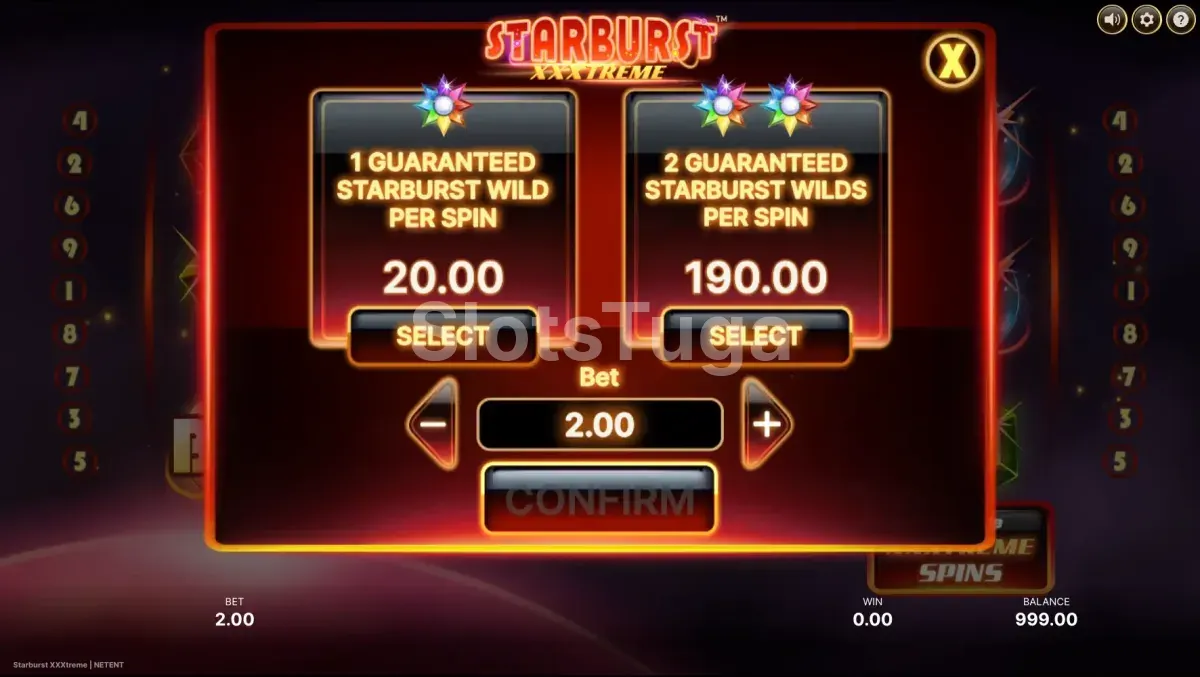 Tela de compra de bônus da Starburst XXXtreme com opções de XXXtreme Spins