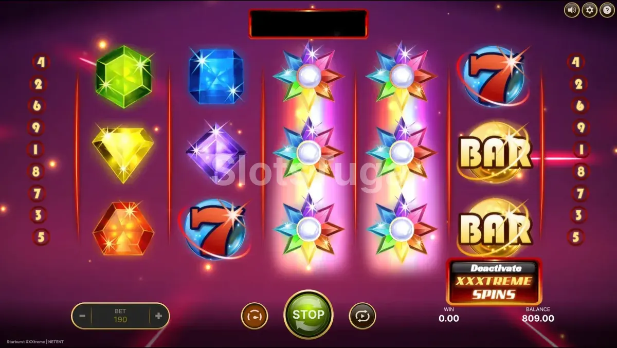 Starburst XXXtreme durante um respin: dois rolos centrais cobertos de wilds em forma de estrela multicolor, gemas verde, azul, amarela, roxa e laranja nos outros rolos, dois BAR e um sete à direita, com o botão Deactivate XXXtreme Spins aceso.