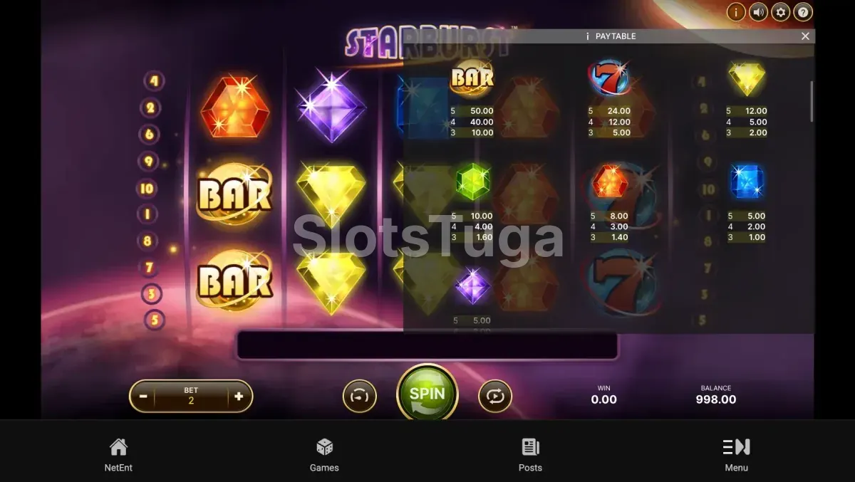 Tabela de pagamentos da slot Starburst mostrando símbolos e valores