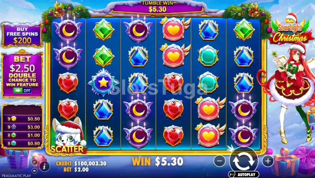 Tela principal do slot Starlight Christmas com o grid 6x5