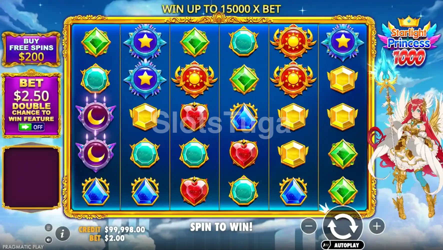 Starlight Princess 1000: seis rolos de gemas verdes, azuis e amarelas, corações vermelhos, sóis e estrelas numa moldura dourada sobre um céu azul, com a princesa de cabelo ruivo, asas brancas e tridente à direita.