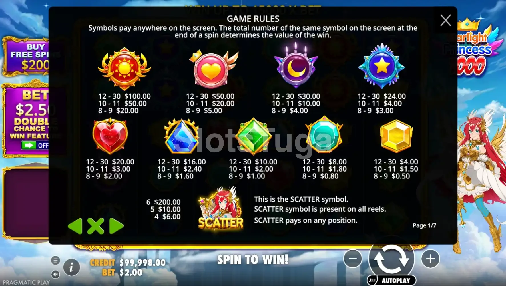 Tabela de pagamentos da Starlight Princess 1000 com símbolos e multiplicadores