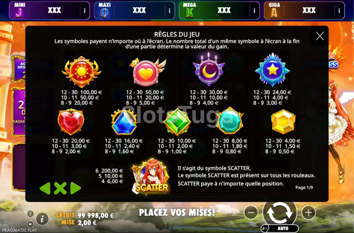Tabela de pagamentos de Starlight Princess Oranje Jackpot com os valores dos símbolos