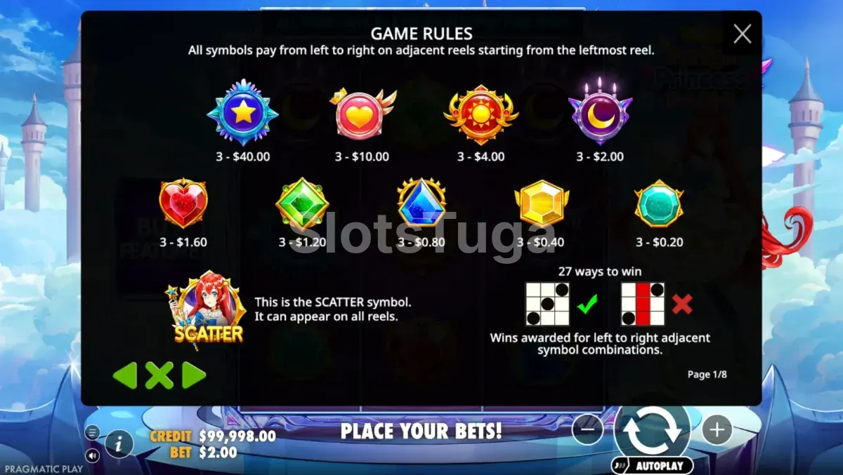 Tabela de pagamentos da Starlight Princess Pachi com símbolos e valores