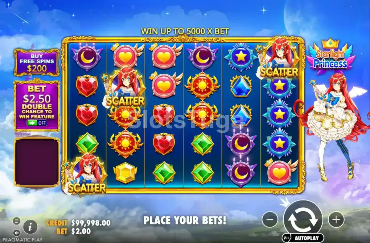 Jogo base de Starlight Princess com a grelha de símbolos
