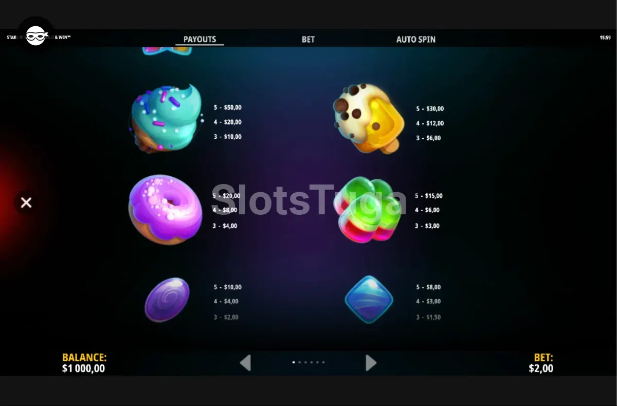 Tabela de pagamentos completa da Stars n' Sweets Hold & Win mostrando os valores dos símbolos