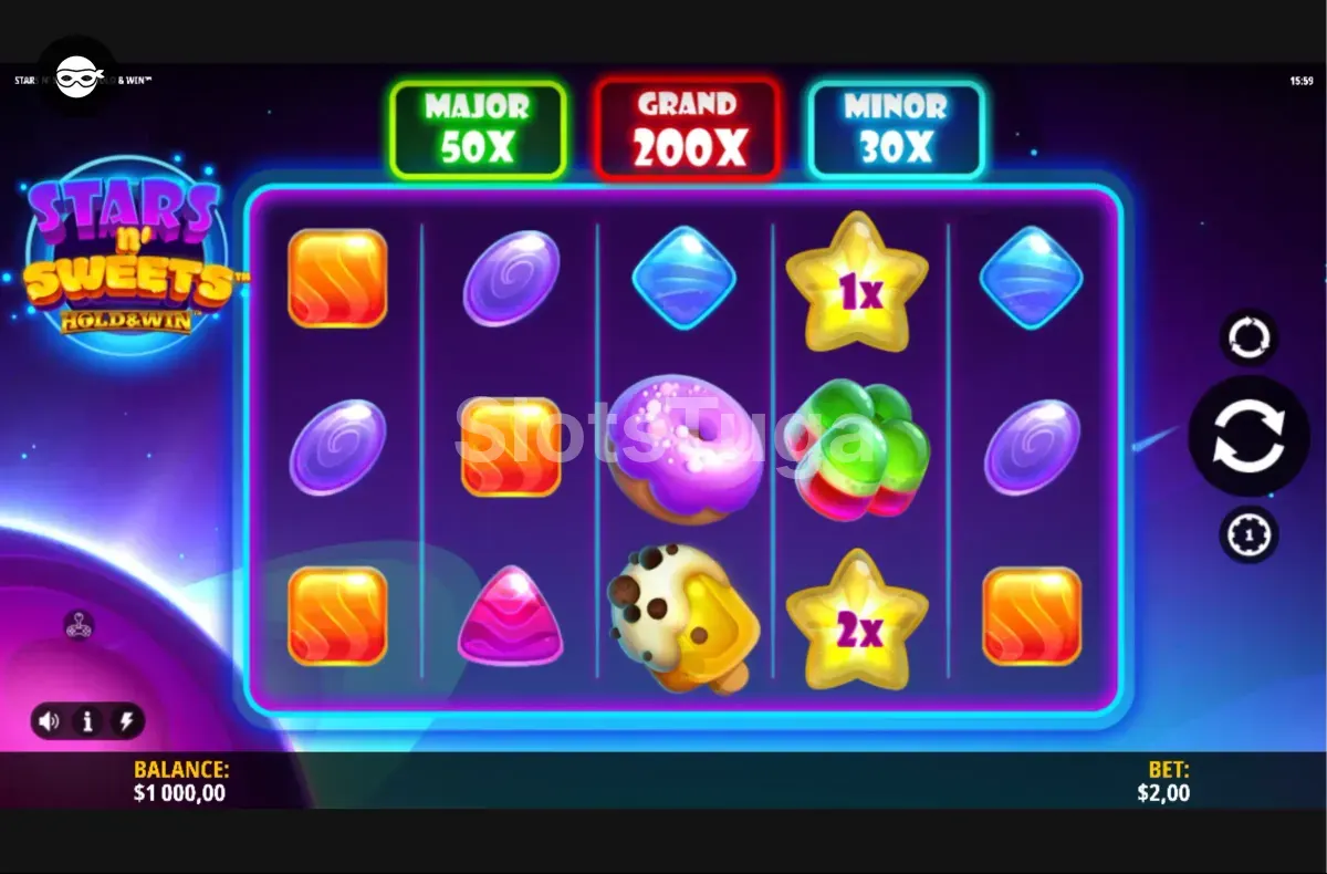 Tela principal do jogo Stars n' Sweets Hold & Win com símbolos de doces e estrelas
