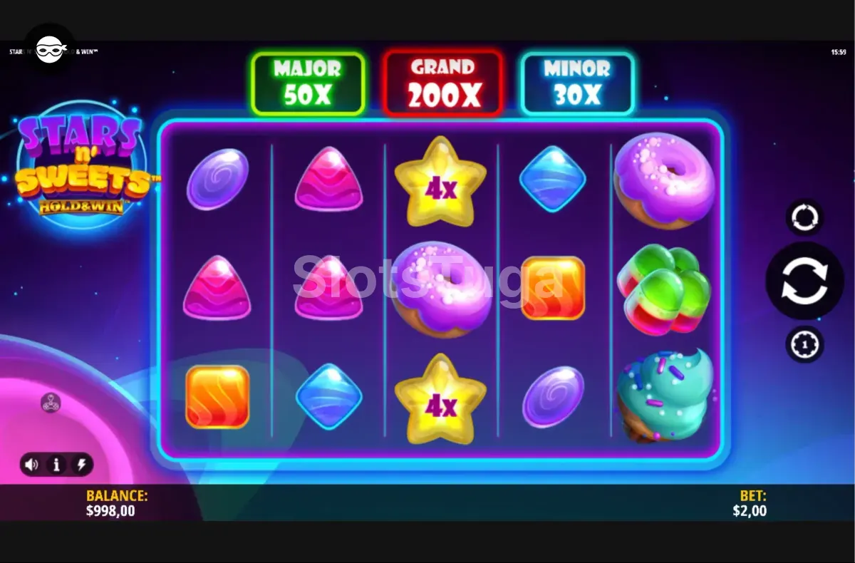 Segunda visão do gameplay da Stars n' Sweets Hold & Win com animações em destaque