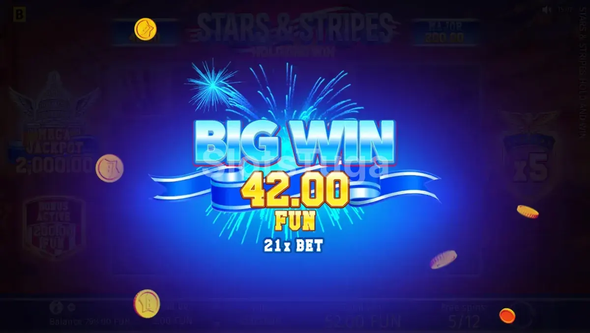 Big win no Hold and Win da Stars & Stripes Hold and Win com moedas cobrindo os rolos