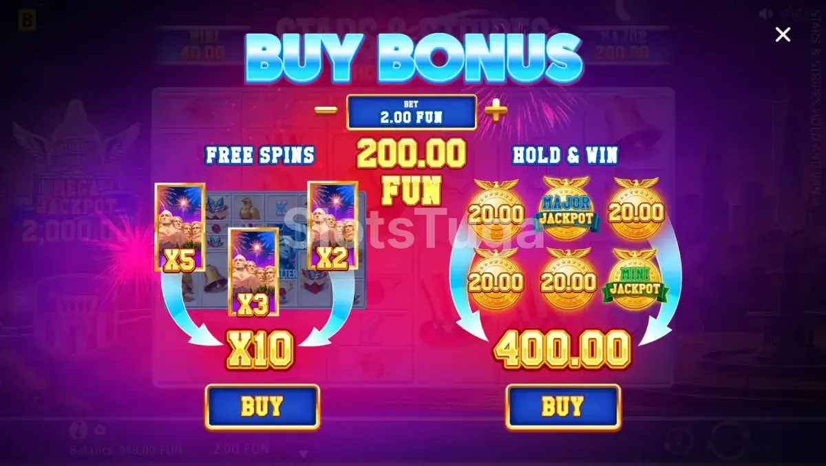 Tela de compra de bônus da Stars & Stripes Hold and Win com opções disponíveis