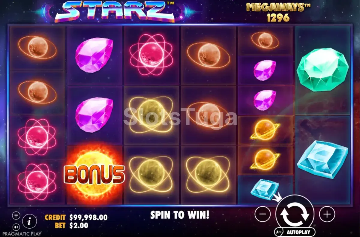 Jogo base da Starz Megaways com fundo estrelado
