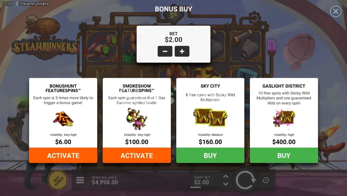 Tela de compra de bônus do Steamrunners com opções de preço
