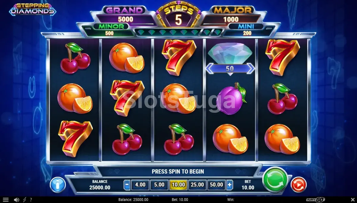 Tela principal da slot Stepping Diamonds com símbolos de frutas e grid 5x3