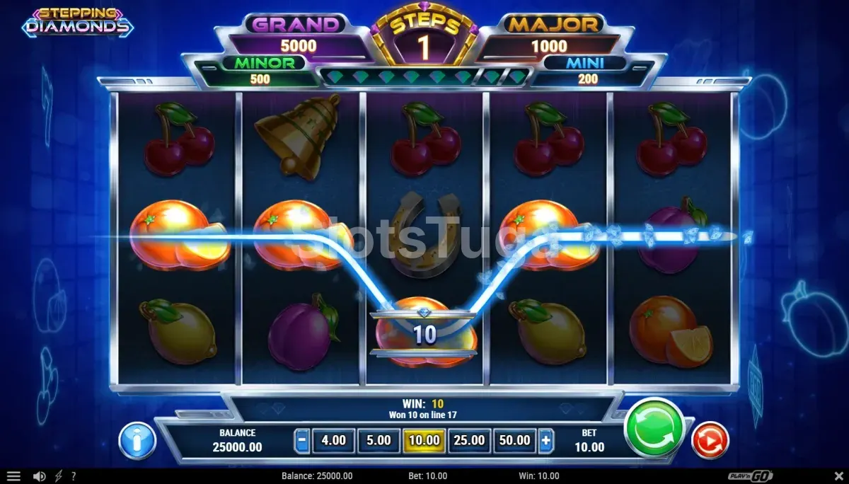 Resultado de giro com feature Step N Win ativa na Stepping Diamonds