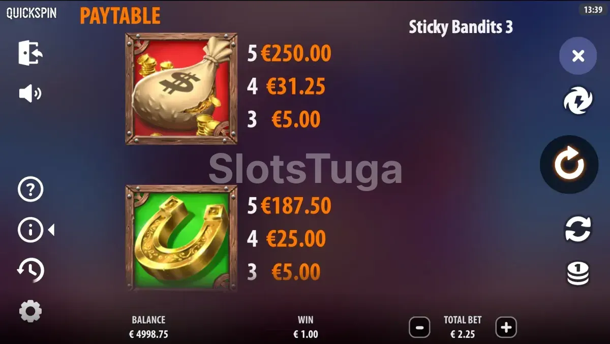 Tabela de pagamentos da slot Sticky Bandits 3 Most Wanted mostrando os símbolos e prêmios
