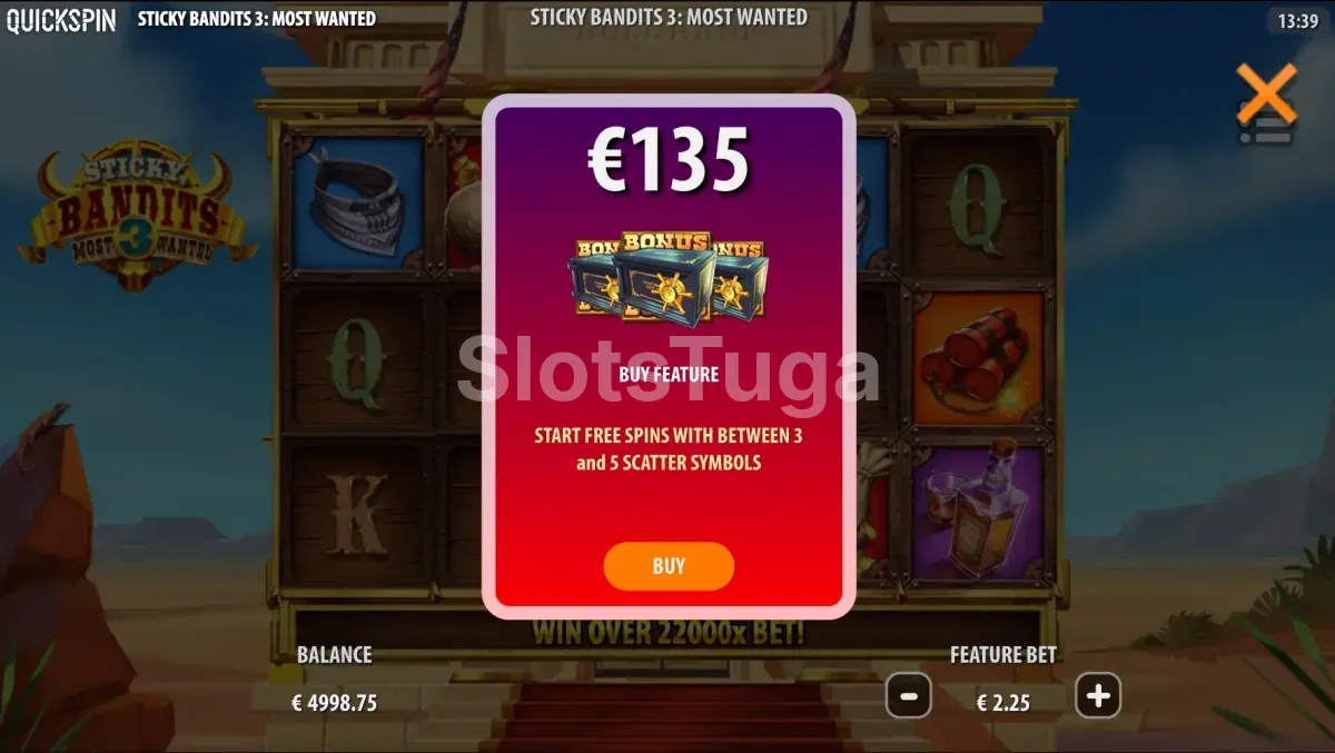 Tela de compra de bônus da Sticky Bandits 3 Most Wanted com o custo de 60x a aposta
