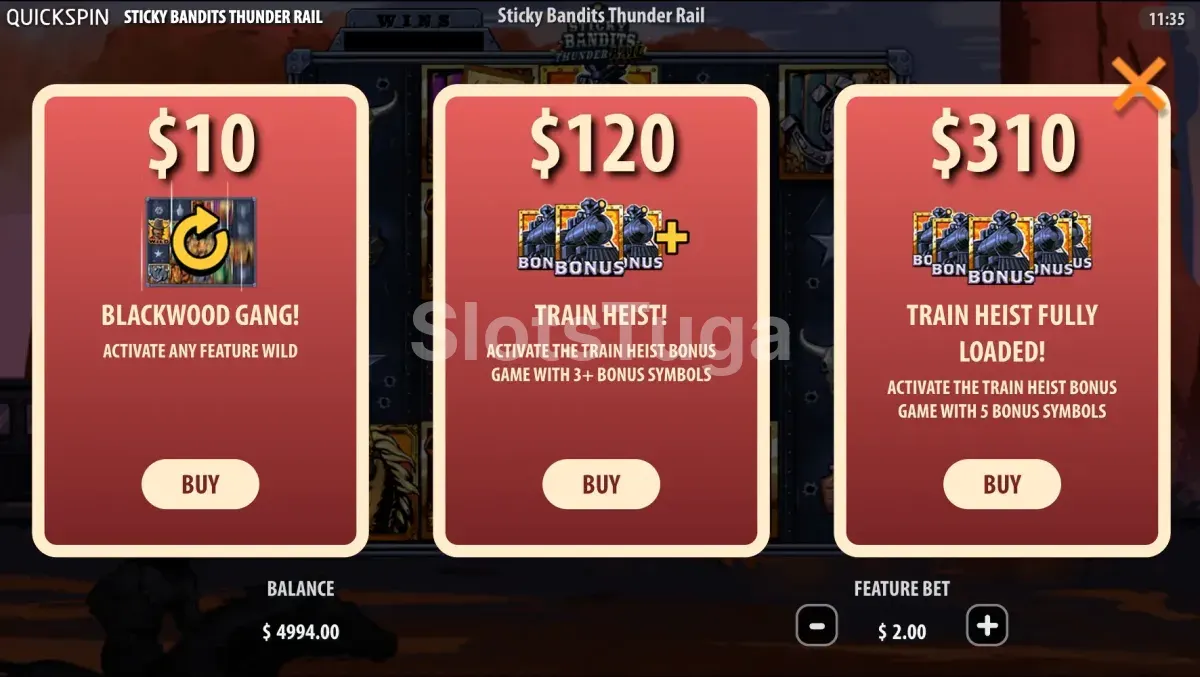 Tela de compra de bônus da Sticky Bandits Thunder Rail com as opções disponíveis