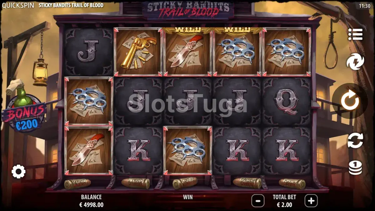 Jogo base do Sticky Bandits Trail of Blood com tema sombrio de faroeste