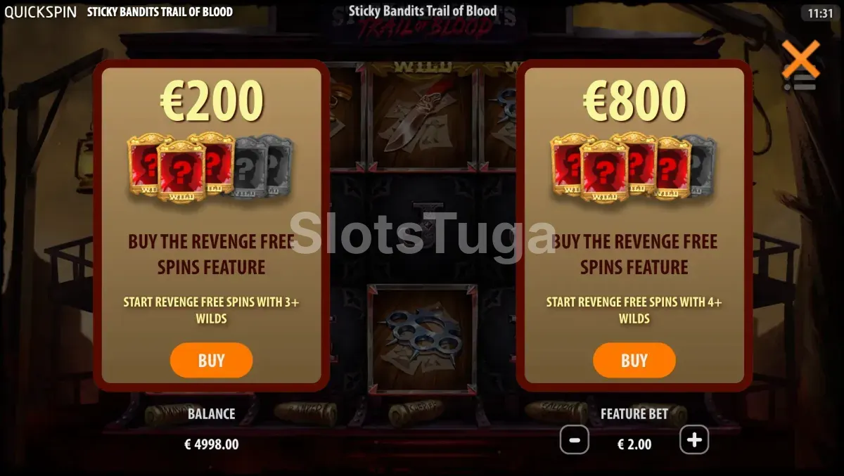 Tela de compra de bônus do Sticky Bandits Trail of Blood com opções de 100x e 400x