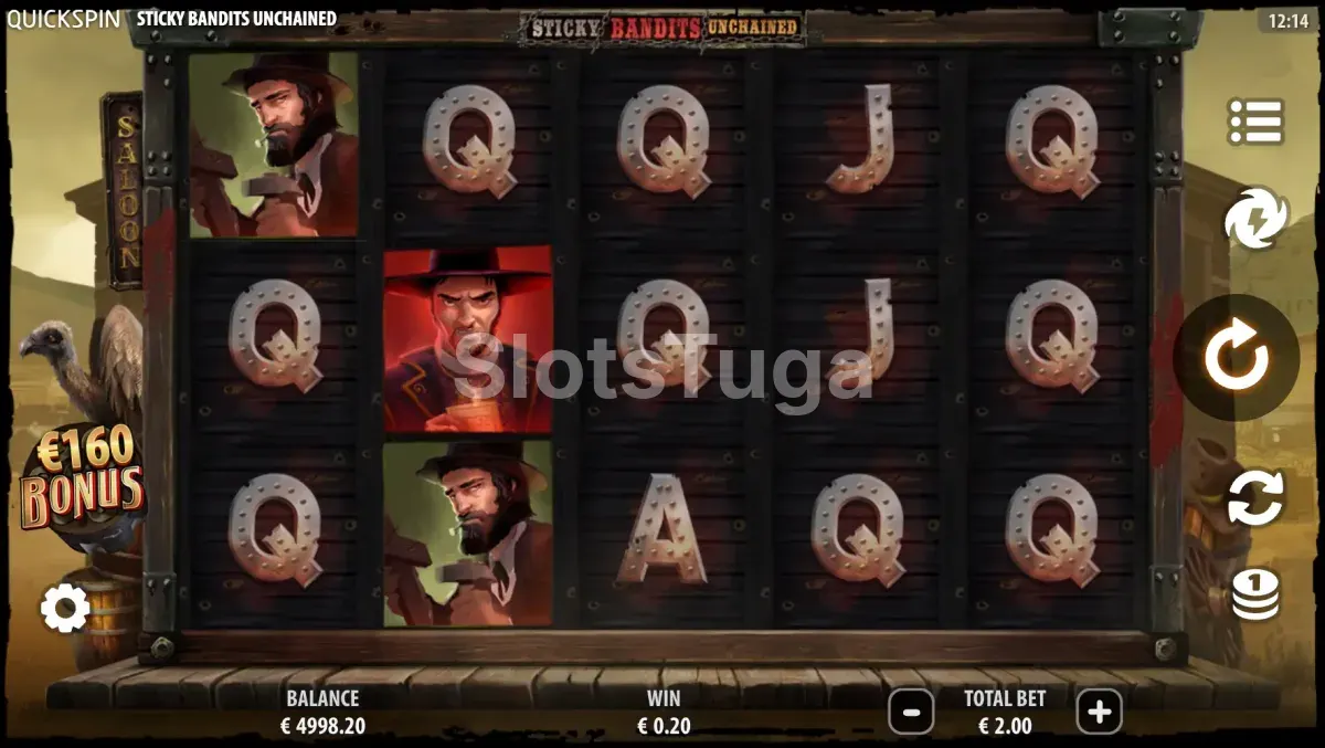 Tela inicial do jogo Sticky Bandits Unchained mostrando os rolos em Dustwood