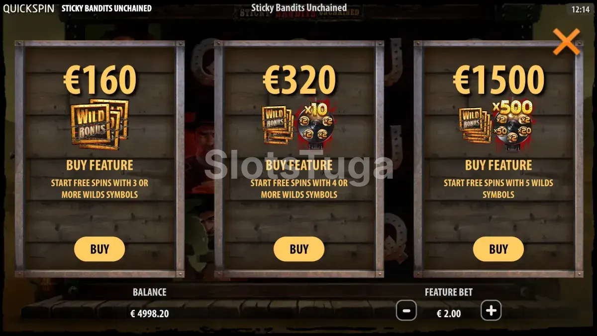 Tela de compra de bônus da slot Sticky Bandits Unchained com as três opções disponíveis
