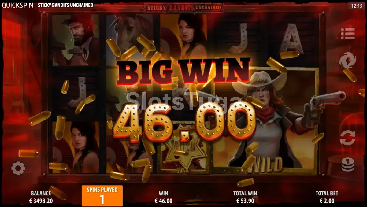 Tela de grande vitória na slot Sticky Bandits Unchained com multiplicador ativado