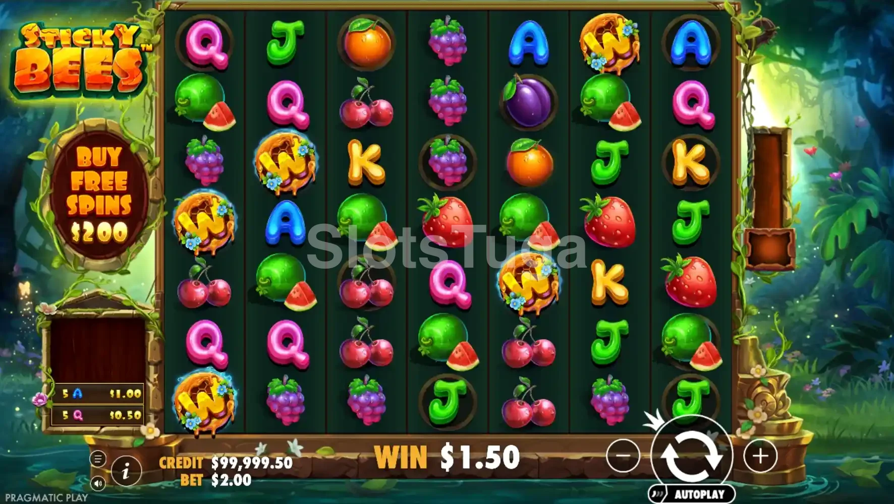 Jogo base da Sticky Bees com grid 7x7 e símbolos coloridos