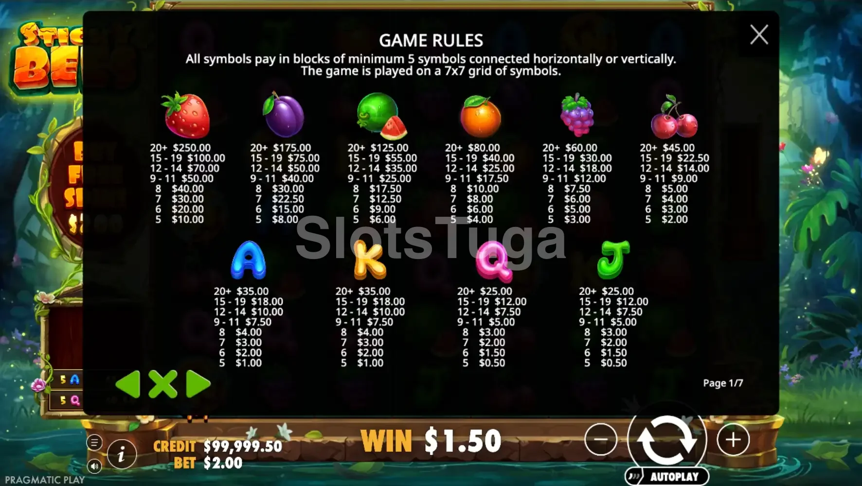 Tabela de pagamentos da Sticky Bees mostrando os símbolos e valores