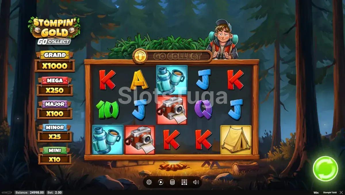 Tela principal da slot Stompin' Gold com personagens Bigfoot e o explorador Jack Tracker