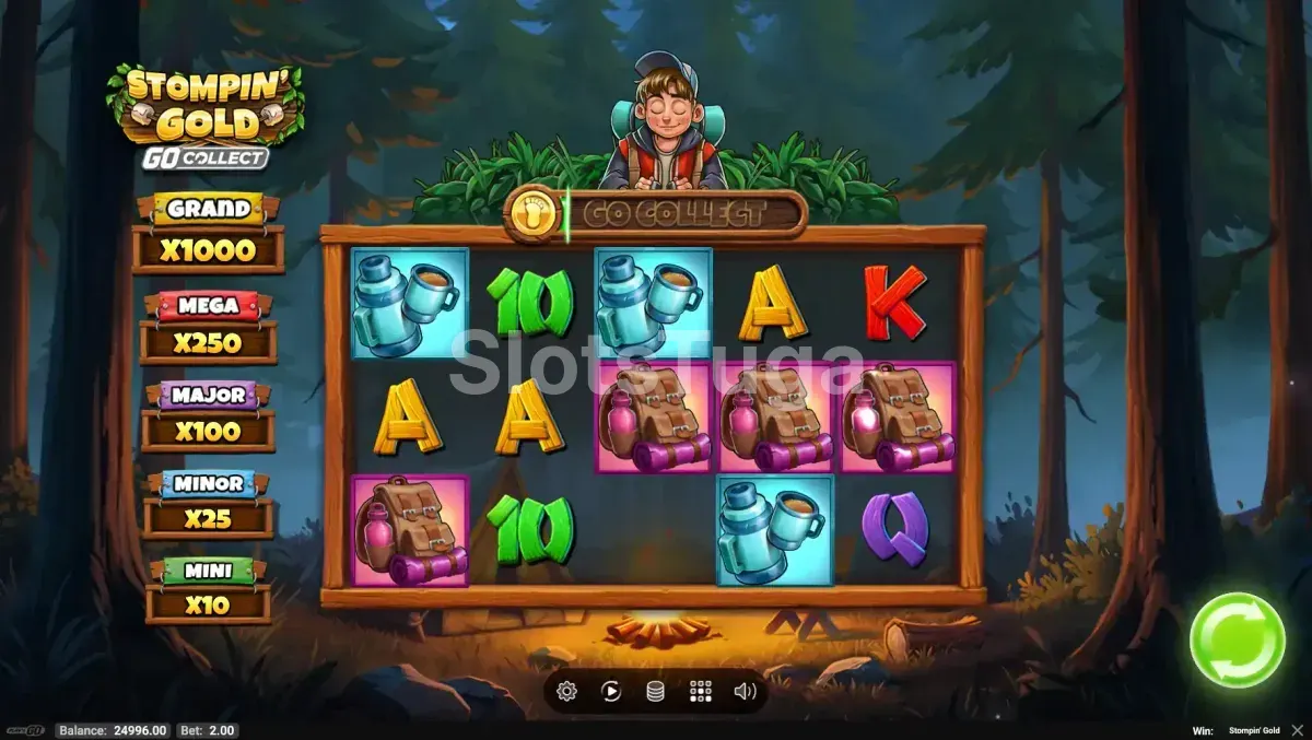 Modo bônus Hold'N Grow da Stompin' Gold com grid expandido e moedas de ouro