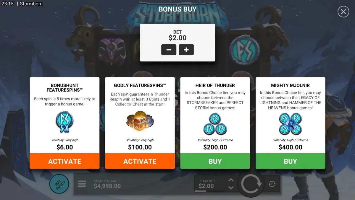 Menu de compra de bônus do Stormborn com as quatro opções disponíveis