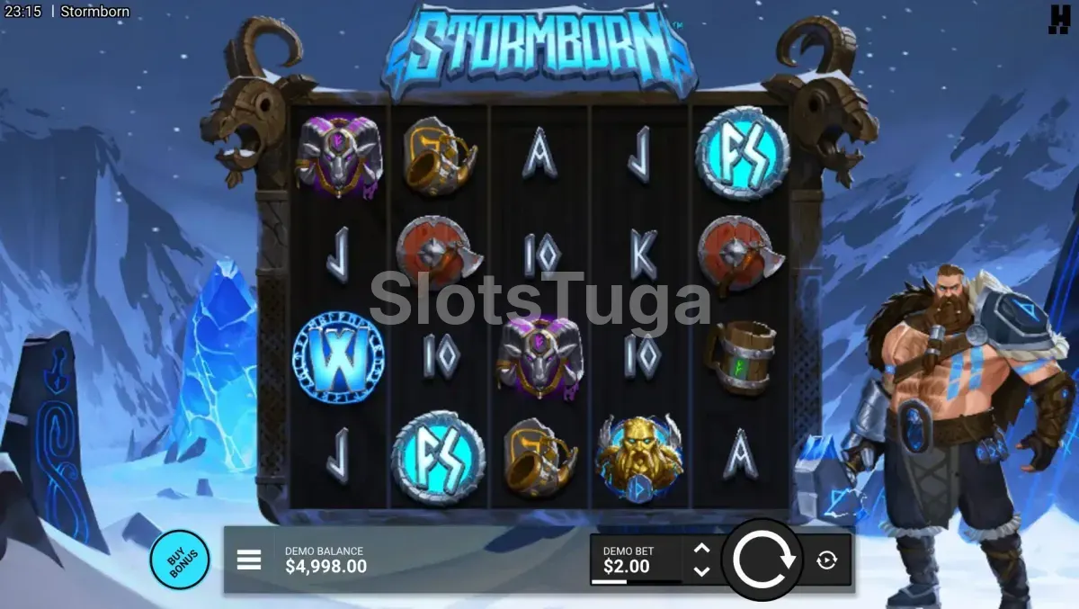 Jogo base do Stormborn com grid 5x4 e símbolos nórdicos
