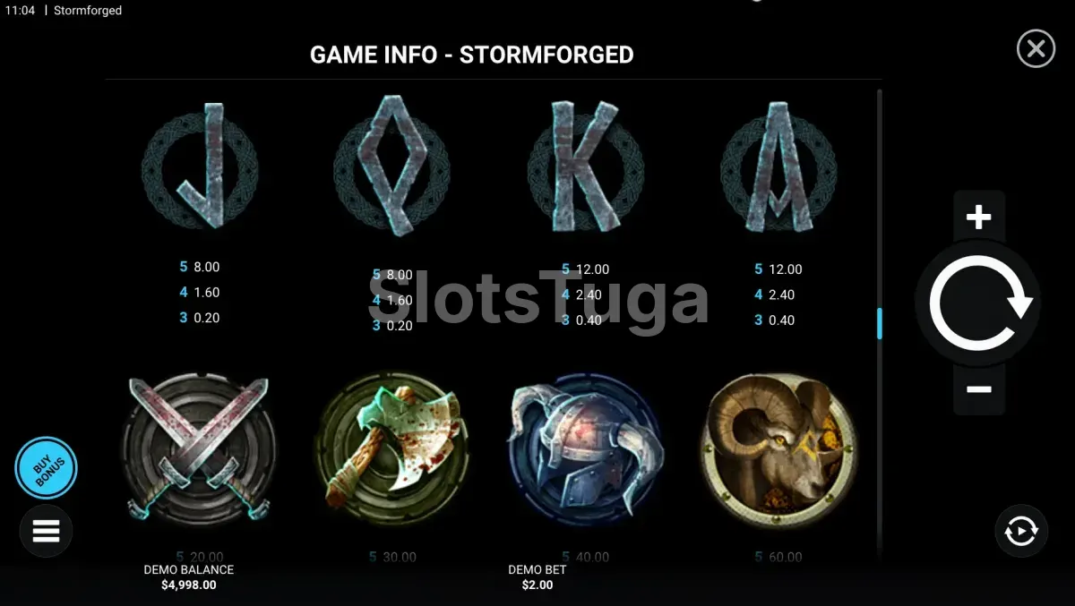 Tabela de pagamentos da Stormforged mostrando os símbolos e multiplicadores