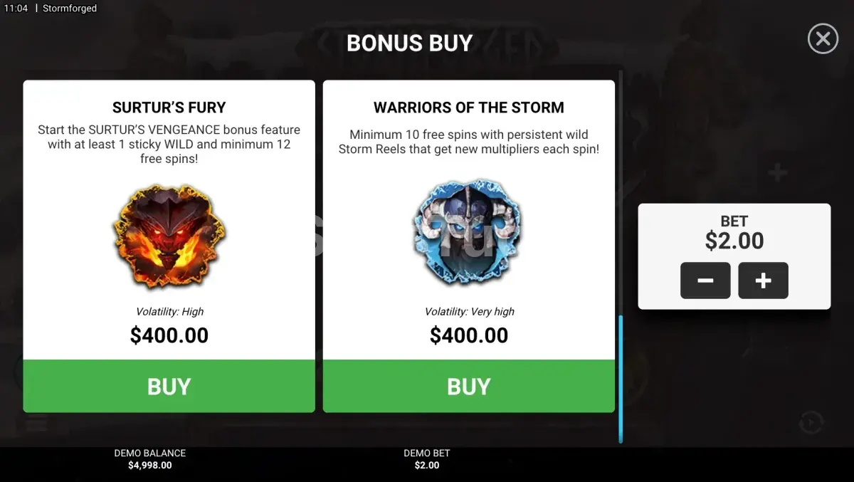 Tela de compra de bônus da Stormforged com as opções disponíveis