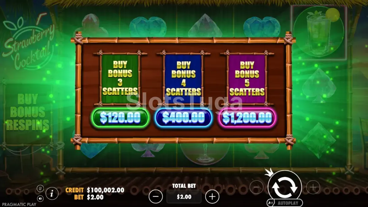 Opções de compra de bônus na slot Strawberry Cocktail